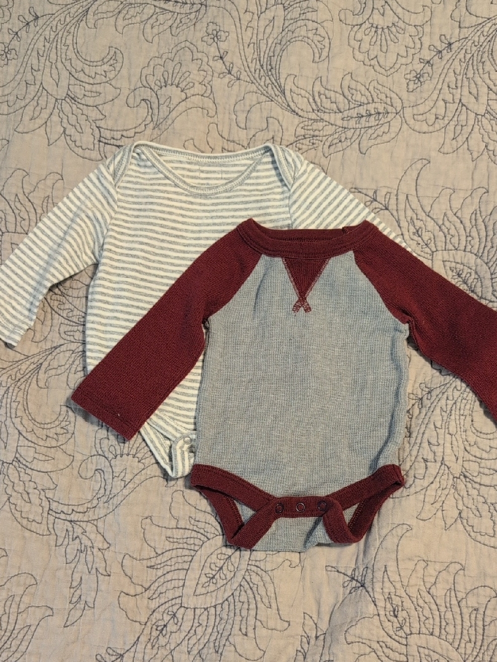Cat & Jack Gray Stripe + Burgundy Trim Baby Bodysuits